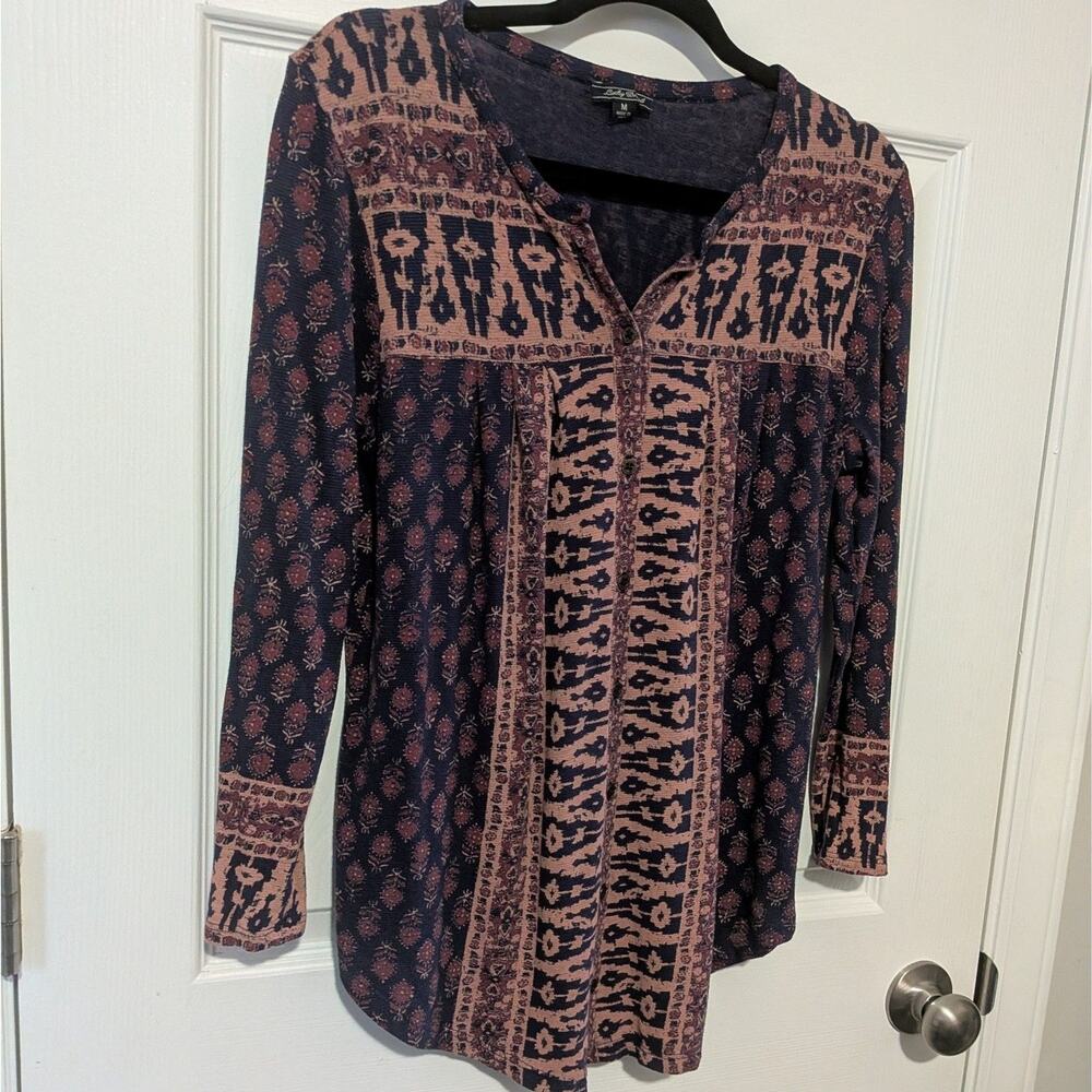 Lucky Brand Mixed Print Button Front Blouse Navy Dusty Pink Floral Boho Medium